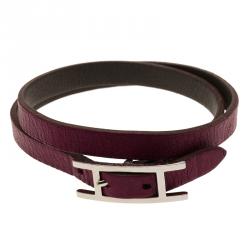 Pre Owned Hermès Hapi 3 MM Purple Leather Palladium Plated Wrap Bracelet GM