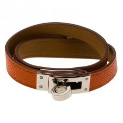 Hermes Kelly Double Tour Orange Leather Palladium Plated Wrap Bracelet PM