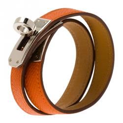 Pre Owned Hermes Kelly Double Tour Orange Leather Palladium Plated Wrap Bracelet PM