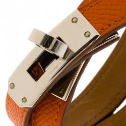 Pre Owned Hermes Kelly Double Tour Orange Leather Palladium Plated Wrap Bracelet PM