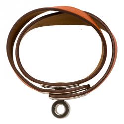 Pre Owned Hermes Kelly Double Tour Orange Leather Palladium Plated Wrap Bracelet PM