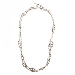 Hermes Curiosite Long Necklace: Silver Tone, Carabiner Pendant