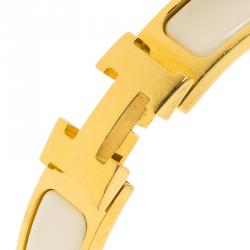 Pre Owned Hermes Clic Clac H White Enamel Gold Plated Narrow Bracelet PM