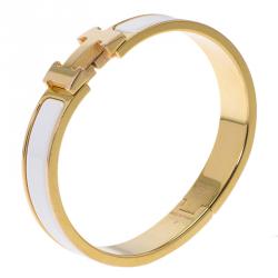 Pre Owned Hermes Clic Clac H White Enamel Gold-Plated Narrow Bracelet PM