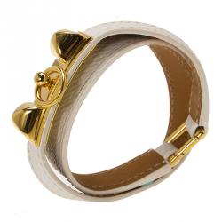 Pre Owned Hermes Rivale Double Tour White Leather Gold Plated Bracelet XS