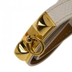 Pre Owned Hermes Rivale Double Tour White Leather Gold Plated Bracelet XS