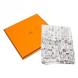 Pre Owned Hermes White & Grey Logo Letters Square Silk Scarf
