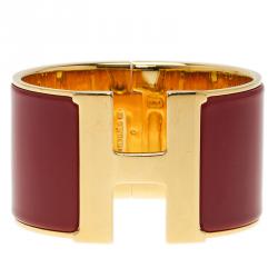 Pre Owned Hermes Clic Clac H Extra Wide Red Enamel Gold-Plated Bracelet PM