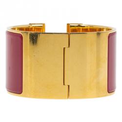 Pre Owned Hermes Clic Clac H Extra Wide Red Enamel Gold-Plated Bracelet PM
