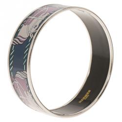Pre Owned Hermes H Horse Printed Blue Enamel Palladium Plated Wide Bangle 21cm