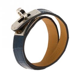 Pre Owned Hermes Blue Kelly Double Tour Alligator Leather Palladium Plated Bracelet S