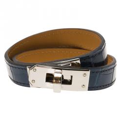 Pre Owned Hermes Blue Kelly Double Tour Alligator Leather Palladium Plated Bracelet S