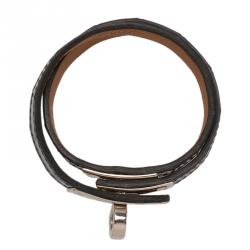 Pre Owned Hermes Blue Kelly Double Tour Alligator Leather Palladium Plated Bracelet S
