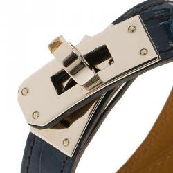 Pre Owned Hermes Blue Kelly Double Tour Alligator Leather Palladium Plated Bracelet S