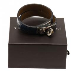 Pre Owned Hermes Blue Kelly Double Tour Alligator Leather Palladium Plated Bracelet S