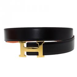Pre Owned Hermes Orange and Black Leather Constance Reversible Belt 85 CM