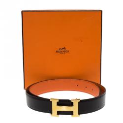 Pre Owned Hermes Orange and Black Leather Constance Reversible Belt 85 CM