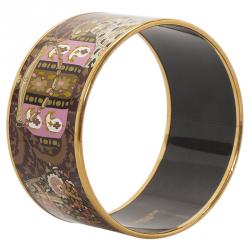 Pre Owned Hermes Extra Wide Printed Enamel Gold Plated Bangle Bracelet