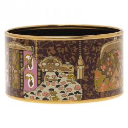 Pre Owned Hermes Extra Wide Printed Enamel Gold Plated Bangle Bracelet