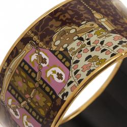 Pre Owned Hermes Extra Wide Printed Enamel Gold Plated Bangle Bracelet