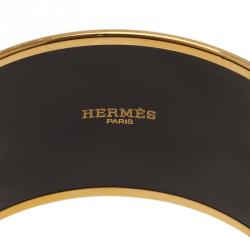 Pre Owned Hermes Extra Wide Printed Enamel Gold Plated Bangle Bracelet