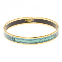 Pre Owned Hermes Turquoise Printed Enamel Gold Plated Narrow Bangle Bracelet 21cm