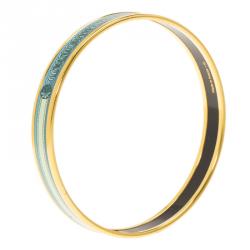 Pre Owned Hermes Turquoise Printed Enamel Gold Plated Narrow Bangle Bracelet 21cm