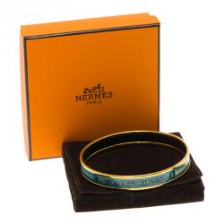 Pre Owned Hermes Turquoise Printed Enamel Gold Plated Narrow Bangle Bracelet 21cm