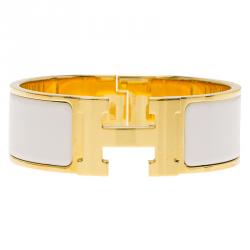 Pre Owned Hermes Clic Clac H White Enamel Gold Plated Wide Bracelet PM