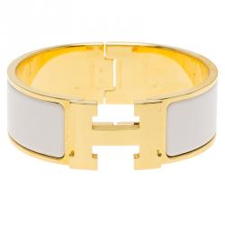 Pre Owned Hermes Clic Clac H White Enamel Gold Plated Wide Bracelet PM