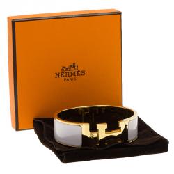 Pre Owned Hermes Clic Clac H White Enamel Gold Plated Wide Bracelet PM