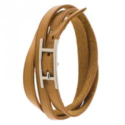 Pre Owned Hermès Hapi 3 MM Brown Leather Palladium Plated Bracelet