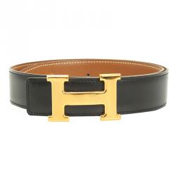 Pre Owned Hermes Black and Brown Leather H Buckle Reversible Belt 65CM