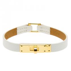 Pre Owned Hermes Micro Kelly White Leather Gold Plated Narrow Bracelet PM