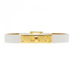 Pre Owned Hermes Micro Kelly White Leather Gold Plated Narrow Bracelet PM