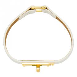 Pre Owned Hermes Micro Kelly White Leather Gold Plated Narrow Bracelet PM