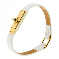 Pre Owned Hermes Micro Kelly White Leather Gold Plated Narrow Bracelet PM