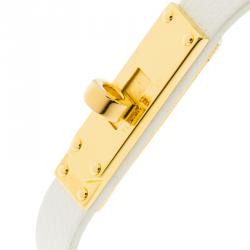 Pre Owned Hermes Micro Kelly White Leather Gold Plated Narrow Bracelet PM
