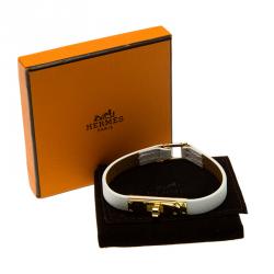 Pre Owned Hermes Micro Kelly White Leather Gold Plated Narrow Bracelet PM