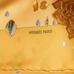 Pre Owned Hermes Yellow Floral Printed Silk Pocket Square