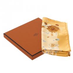 Pre Owned Hermes Yellow Floral Printed Silk Pocket Square