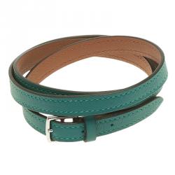 Pre Owned Hermes Etrivière Double Tour Green Leather Bracelet XS