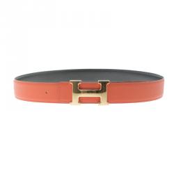 Pre Owned Hermes Orange and Black Leather Constance Reversible Belt 85 CM