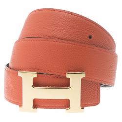 Pre Owned Hermes Orange and Black Leather Constance Reversible Belt 85 CM