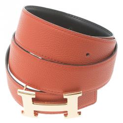 Pre Owned Hermes Orange and Black Leather Constance Reversible Belt 85 CM