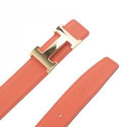 Pre Owned Hermes Orange and Black Leather Constance Reversible Belt 85 CM