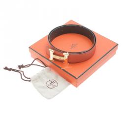 Pre Owned Hermes Orange and Black Leather Constance Reversible Belt 85 CM