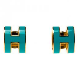 Pre Owned Hermes Pop H Turquoise Lacquered Gold Plated Stud Earrings