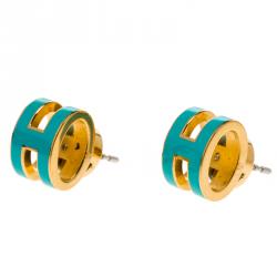 Pre Owned Hermes Pop H Turquoise Lacquered Gold Plated Stud Earrings