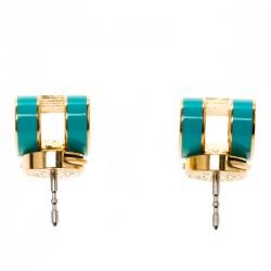 Pre Owned Hermes Pop H Turquoise Lacquered Gold Plated Stud Earrings